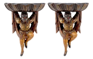 Pair of Wooden Hand Carved Figure Wall Brackets