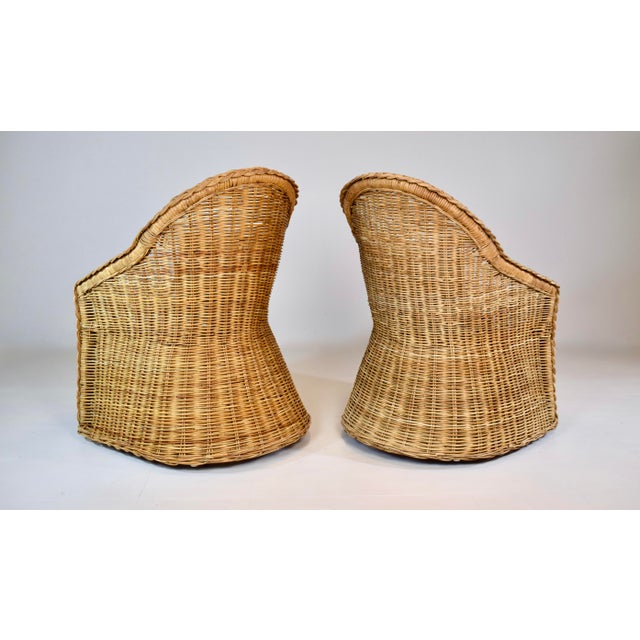 Chestnut Coastal Braided Wicker Rattan Chairs After Michael Taylor Blue & White Stripes Upholstery For Sale - Image 8 of 13