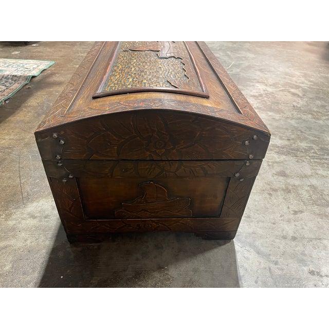 Chinese Early 20th Century Chinese Camphor Storage Chest With Carved Ship and Lattice Work For Sale - Image 3 of 7
