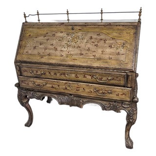 1990s Lillian August French Provincial Painted Floral Slant-Front Secretary Desk With Brass Gallery For Sale