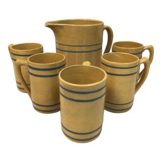 1920s Buckeye Yellow Ware Stoneware Pitcher With 5 Mugs-Set of 6 For Sale