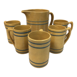 1920s Buckeye Yellow Ware Stoneware Pitcher With 5 Mugs-Set of 6