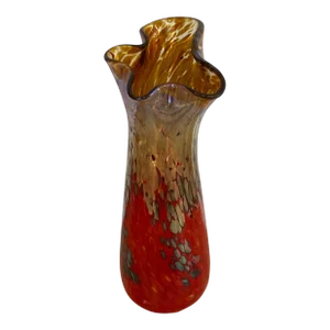 1990s Red & Gold Hand Blown Glass Vase