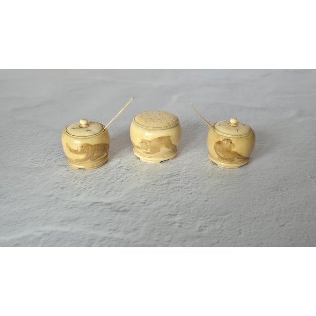 Rare Japanese Meiji Ivory Three-Piece Set With Monkeys For Sale - Image 10 of 13