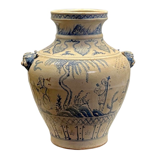 Vintage Handmade Light Tan Cream Base Blue Scenery Graphic Pottery Ceramic Vase For Sale