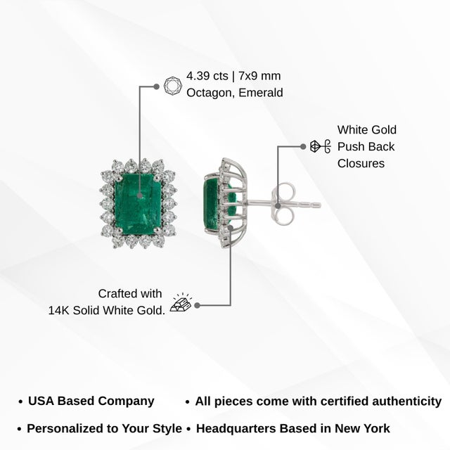 4.39ct Zambian Emerald Solitaire Stud Earrings With Diamonds in 14k Solid Gold- A Pair For Sale - Image 12 of 16