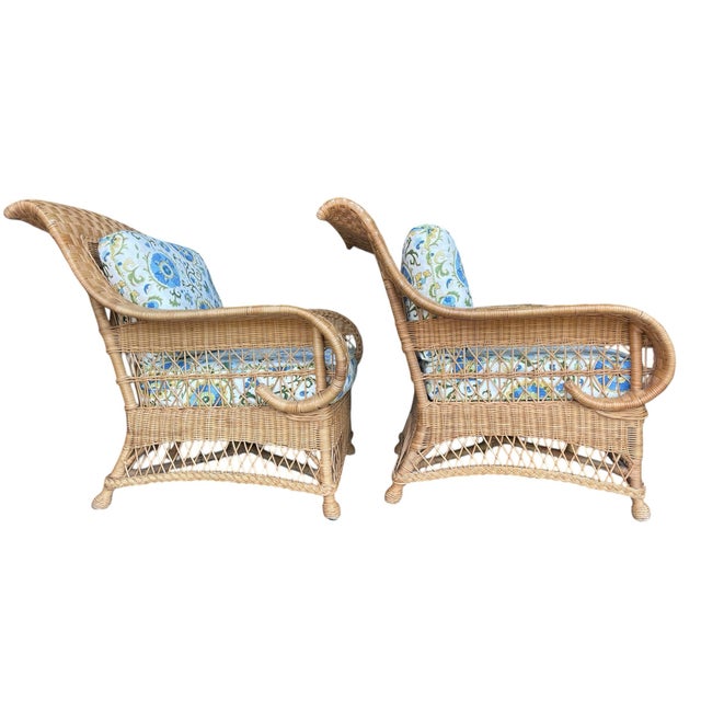 Henry Link Vintage Henry Link for Lexington Woven Rattan and Wicker Lounge Armchairs With Floral Upholstery | Pair For Sale - Image 4 of 14