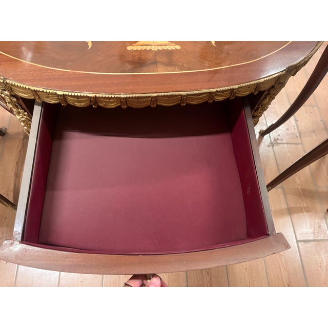 French Louis XV Inlaid Oval Side Table With Drawer, Brass Gallery & Lower Shelf For Sale - Image 9 of 9