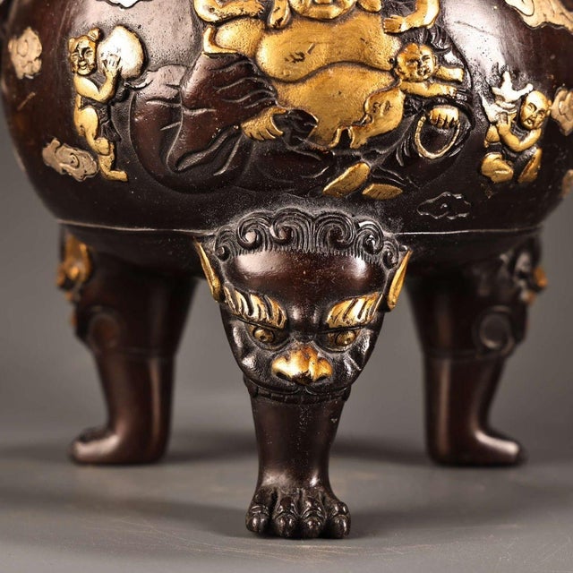 Copper Solid Copper Gilt Gold & Silver High-Relief Incense Burner Censer With Laughing Buddha & Dragons For Sale - Image 8 of 10