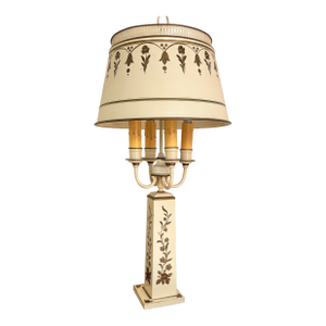 1940’s Bouillotte Tole Lamp, Classic Hand Painted Design to Base and Shade. In a Classic Cream Color With Green Tole.