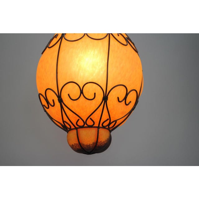 Metal Venetian Style Pâte de Verre Glass Metal Caged Lantern Pendant Light For Sale - Image 7 of 18