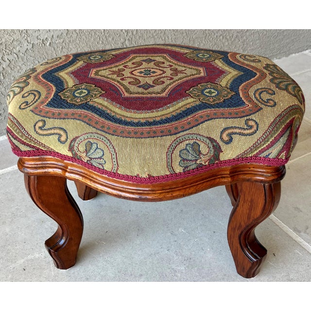 1940s Circa 1940 French Provincial Medallion & Shells Octagonal Upholstered Footstool For Sale - Image 5 of 12