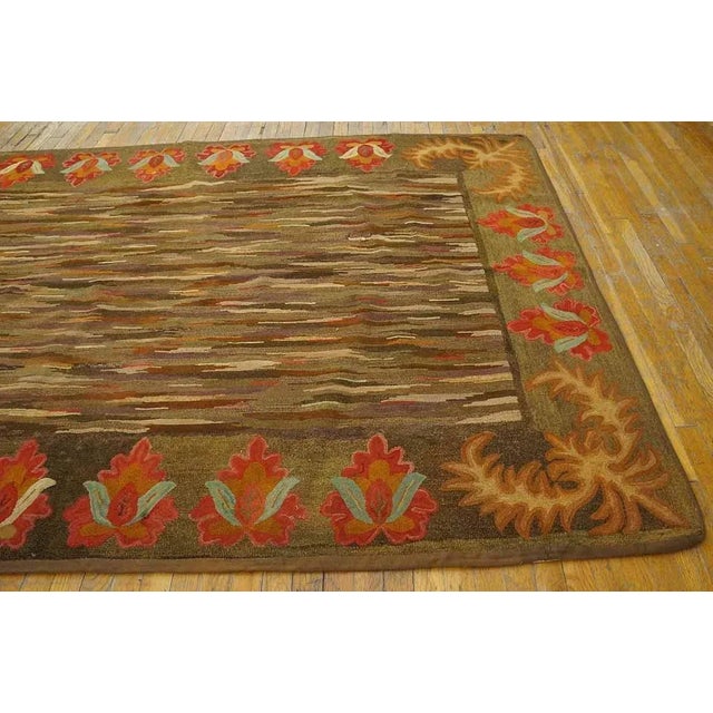 1920s Pretty Sienna-Brown Background With Detail of Folk Art Styles in a Strie Pattern Antique American Hooked Rug For Sale - Image 5 of 10