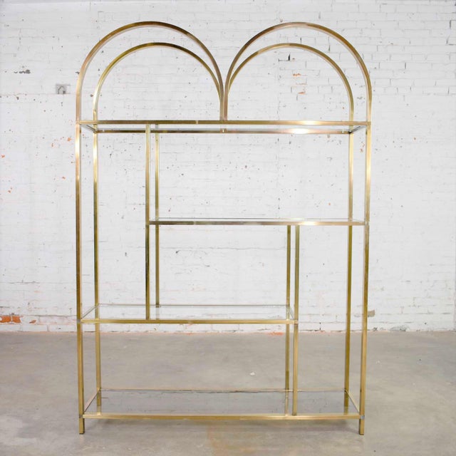 Vintage Modern Double Arched Etagere Display Shelves Brass Plated and