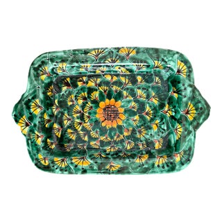 Vintage Mexican Talavera Style Green Rectangular Dish With Sunflower For Sale