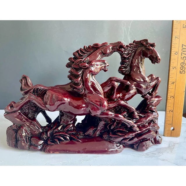 VintageRed Running Horses Sculpture, Large Chinese Lucky Stallions Sculpture, Feng Shui Decor For Sale - Image 10 of 10