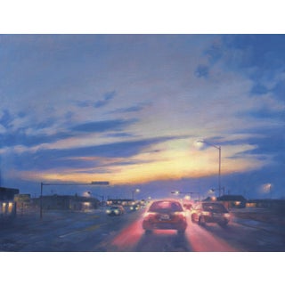 Going Home by Mark Harrison | Oil on linen Painting of cars driving at sunset on a city street For Sale