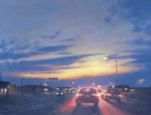 Going Home by Mark Harrison | Oil on linen Painting of cars driving at sunset on a city street