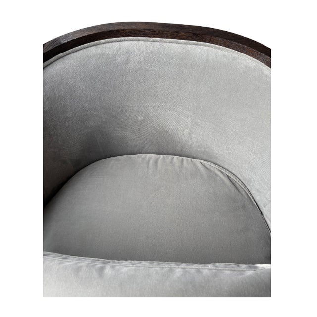 2020s Restoration Hardware Rh Dixon Swivel Chair – Brushed Brown Oak & Fog Performance Velvet For Sale - Image 5 of 10