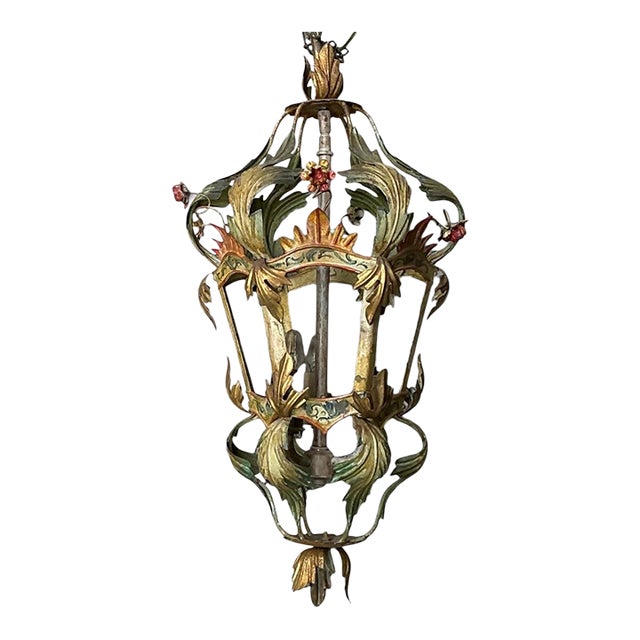Hollywood Regency Italian Floral Tole Painted Lantern / Chandelier - 3 Lights For Sale