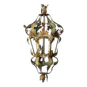 Hollywood Regency Italian Floral Tole Painted Lantern / Chandelier - 3 Lights