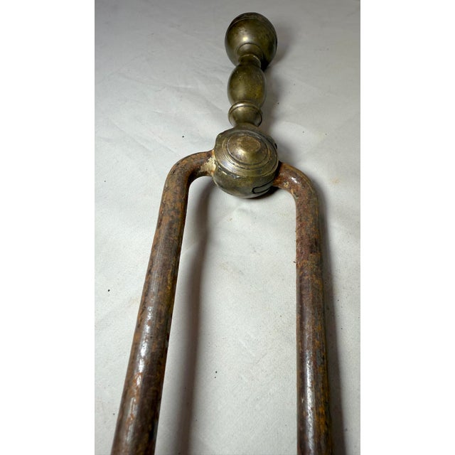 Brass Antique 18th Century Wrought Iron Turned Brass English Fireplace Tongs Tool 21 For Sale - Image 8 of 9