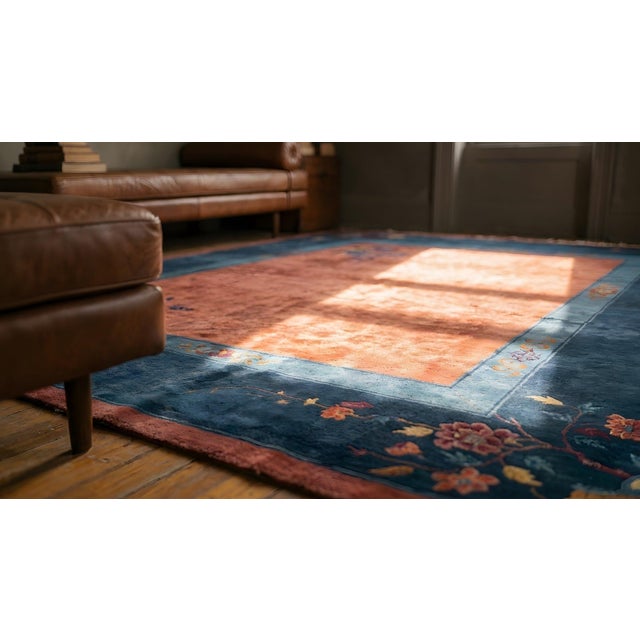1920s Red Raspebery Floral Antique Chinese Art Deco Rug 9'4" X 11'4" Hand Knotted Wool Carpet For Sale - Image 9 of 9