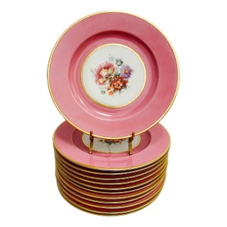 Mid-Century European Black Knight Pink Floral Dinner Plates - Set of 12 For Sale
