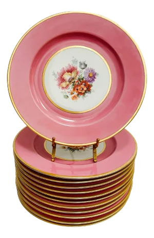 Mid-Century European Black Knight Pink Floral Dinner Plates - Set of 12