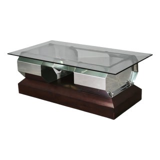 Italian Chrome, Smoked Glass and Wood Coffee Table, 1970s For Sale