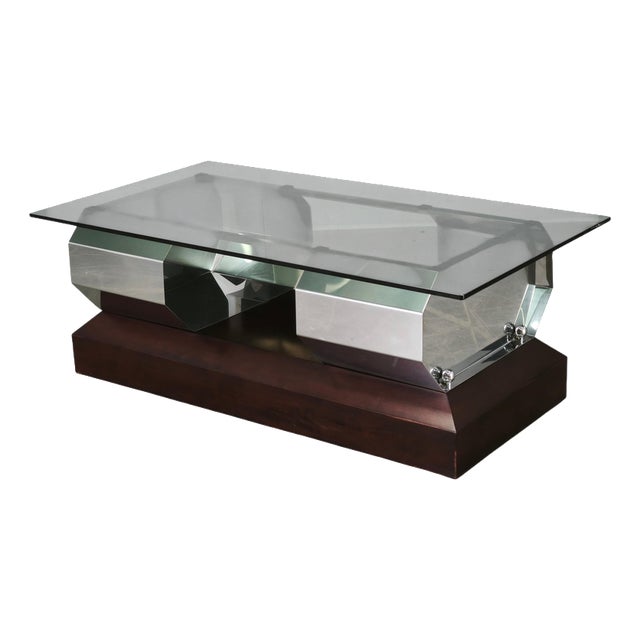 Italian Chrome, Smoked Glass and Wood Coffee Table, 1970s For Sale