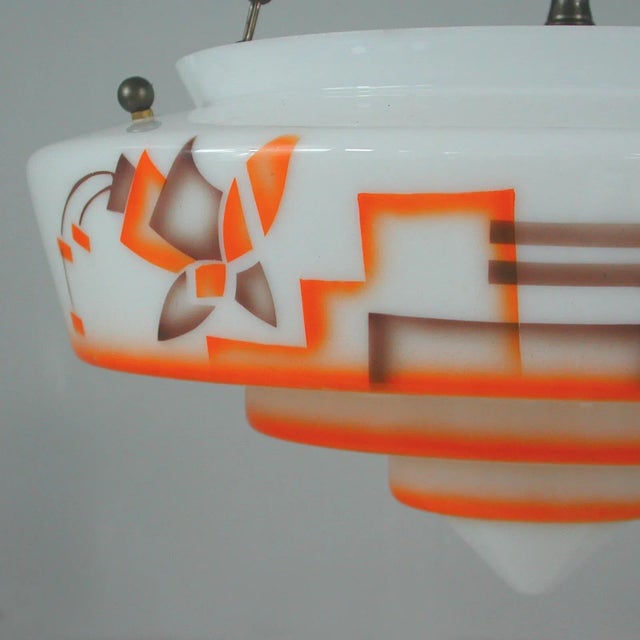 German Art Deco Pendant Lamp in Enameled Glass and Brass, 1930s For Sale - Image 14 of 18