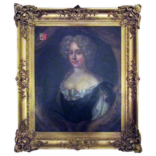 18th Century English Titled Lady with Coat of Arms Framed Oil Portrait Painting For Sale - Image 13 of 13