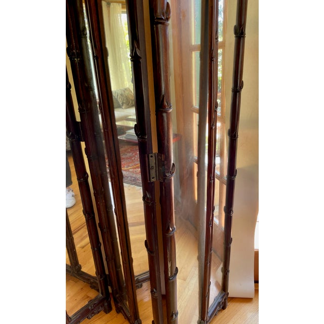 Antique Asian Mirrored Four Panel With Carved Details Folding Screen For Sale - Image 12 of 12