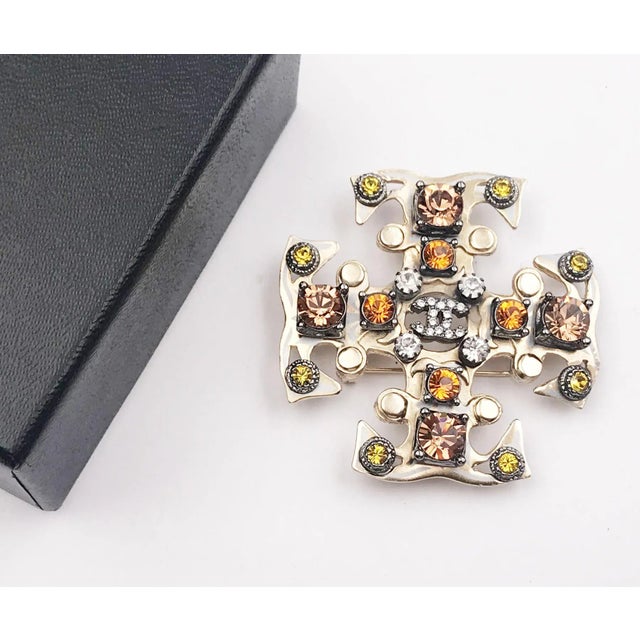 Chanel Gold CC Peach Orange Mustard Crystal Gothic Cross Brooch Pendant *Marked 06 *Made in France *Comes with the...