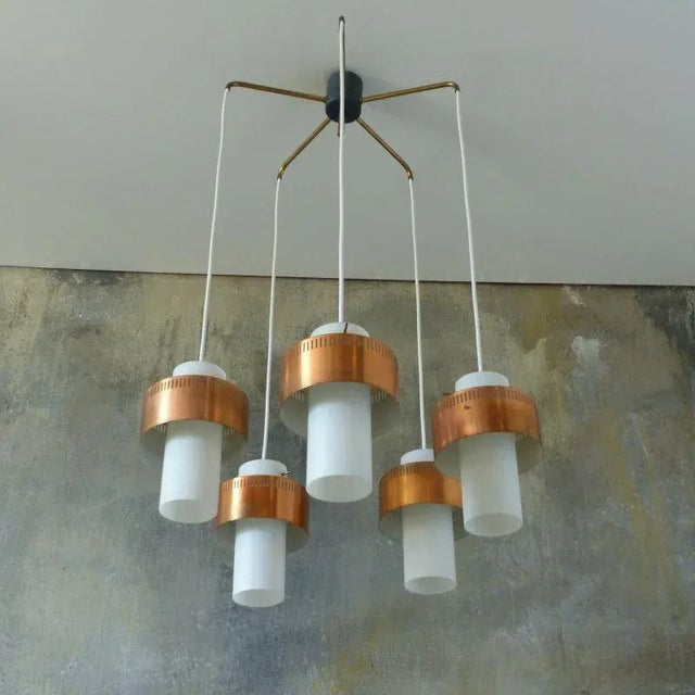 Copper Mid-Century Scandinavian Copper and Opaline Glass Ceiling Lamp For Sale - Image 8 of 13