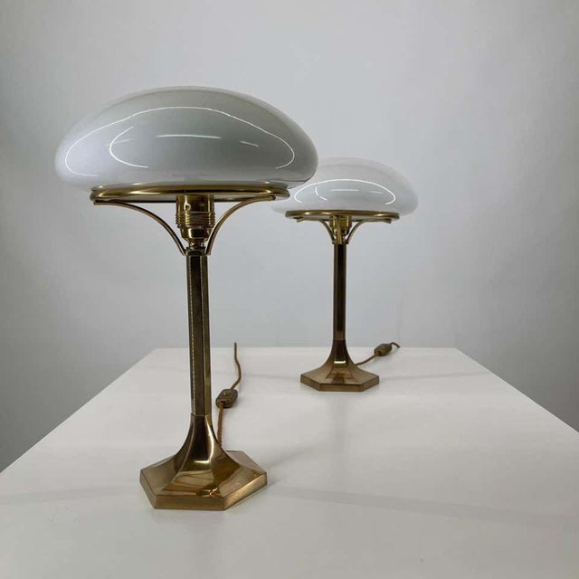 Pair Vintage Art Deco Mushroom Shape Table Lamp Brass & Milk Glass Shade For Sale - Image 6 of 6