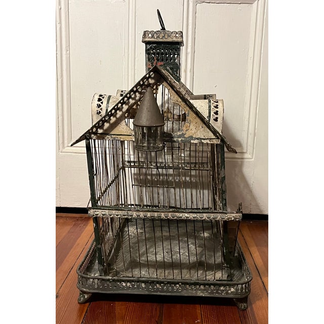 Metal Antique 19th Century French Tole & Wire Victorian House Form Bird Cage For Sale - Image 7 of 15