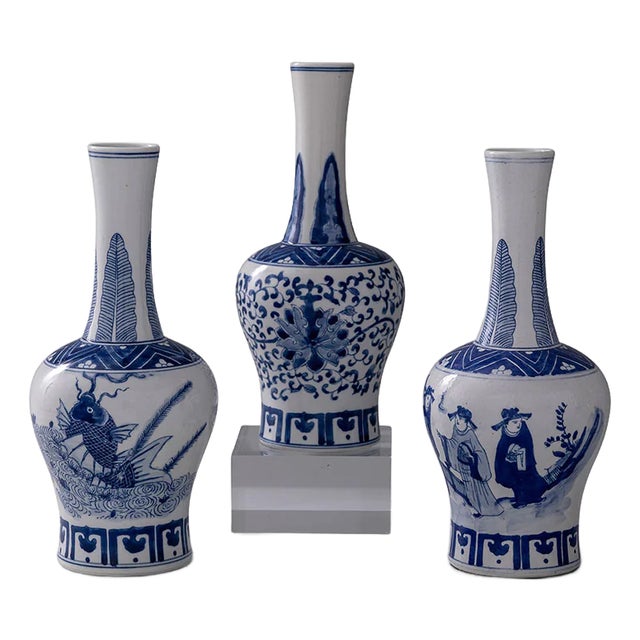 Garden of Blue Chinoiserie Round Vases, Set of 3 For Sale