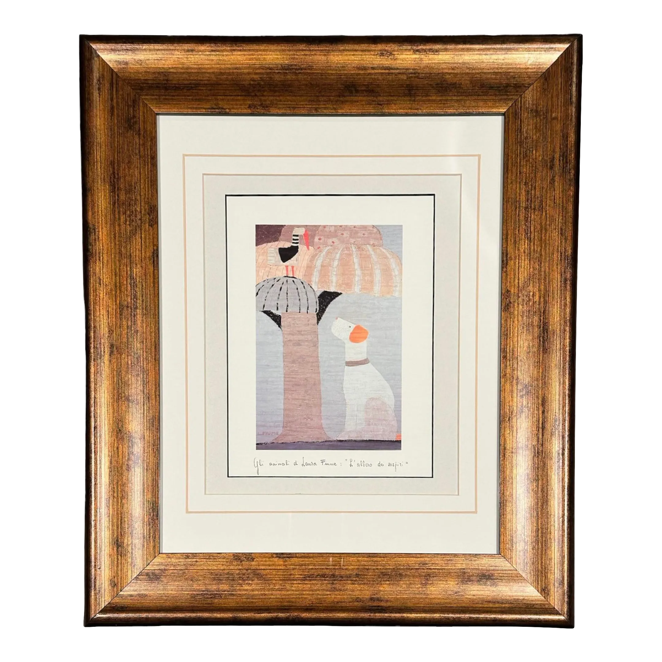 Signed Lithograph Print by Laura Fiume Bird Dog Animal Series Tree