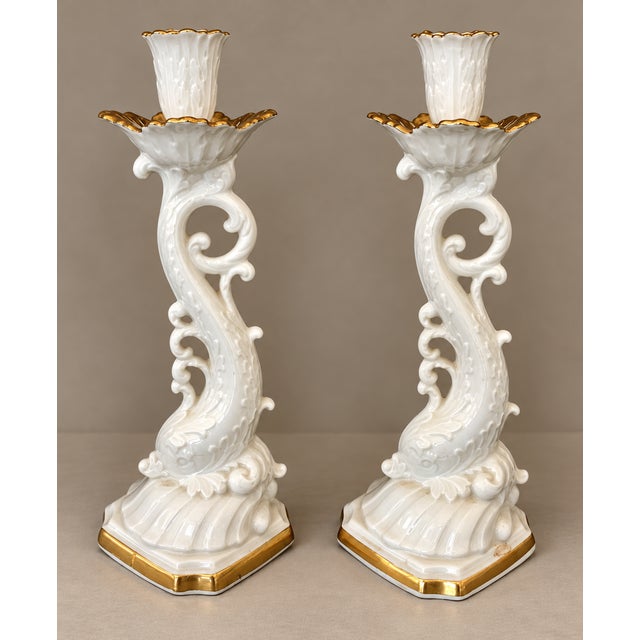 Stunning pair of vintage Asian Chinoiserie creamware koi candlesticks by Lenox. Asian inspired pieces from the late 20th...