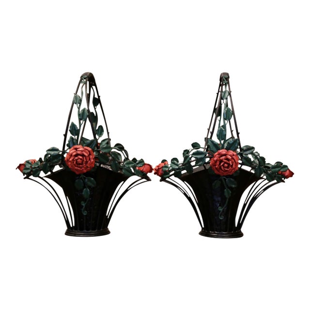 Mid 20th Century Vintage French Painted Metal Hanging Baskets With Floral and Leaf Decor - a Pair For Sale