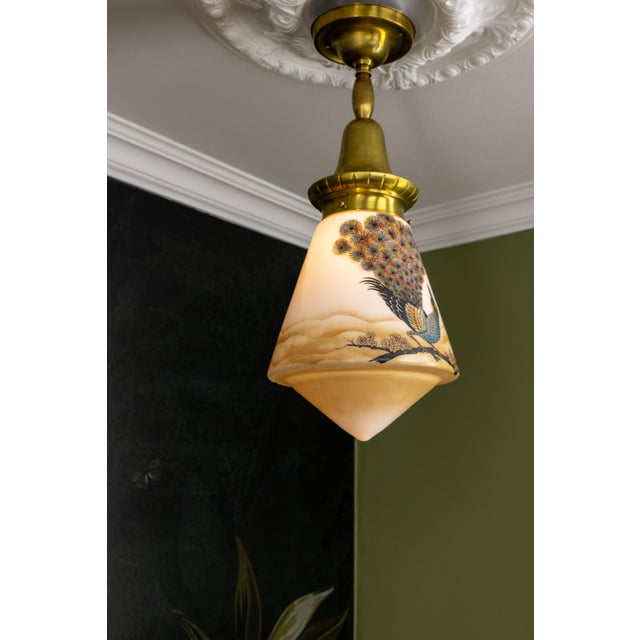 Cream Art Deco Glass and Brass Pendant Light with Bird Paintings, France, 1930s For Sale - Image 8 of 18