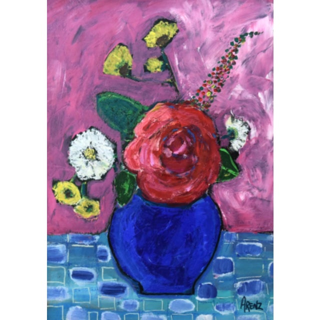 Abstract Beautiful Vase of Flowers Oil Painting, by Ruth Arenz Including the Antiqued Gold Wood Frame For Sale - Image 3 of 5
