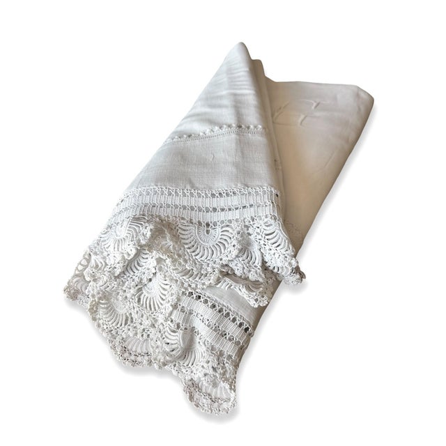 Textile Antique French Fine Linen Ag Monogram Sheet, Hand-Drawn Thread Openwork, Exquisite Crocheted Lace Edge For Sale - Image 7 of 14