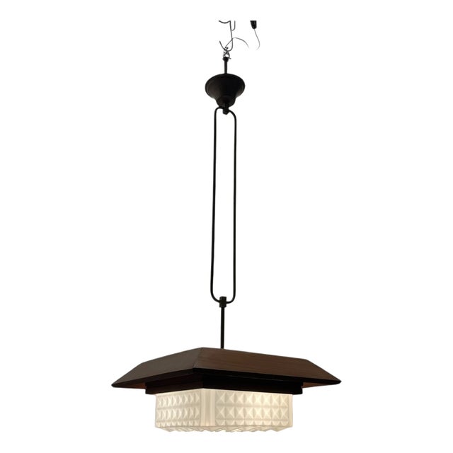 Mid-Century Modern Wood, Bronze and Opaline Glass Pendant Light, 1950s For Sale