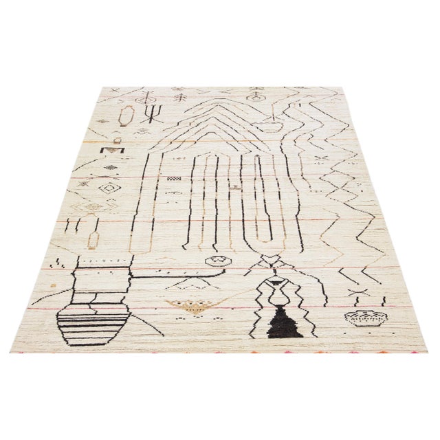 Abstract Ivory Moroccan Berber Style Handmade Abstract Wool Rug For Sale - Image 3 of 7