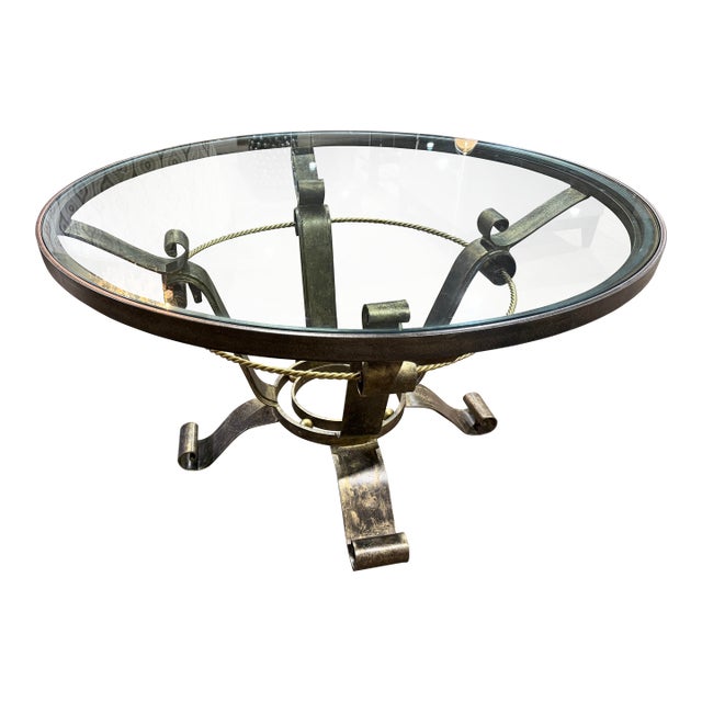 Scrolled Iron Base Glass Top Table For Sale