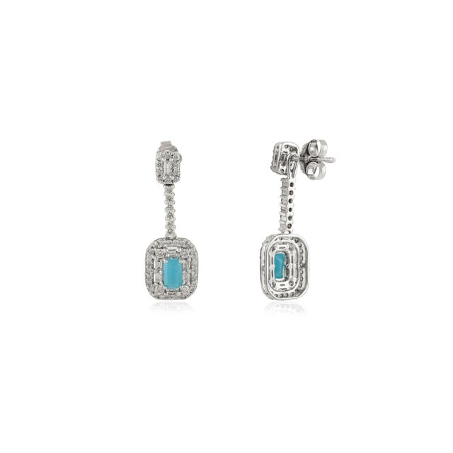 Metal Art Deco Convertible Turquoise & Diamond Halo Drop Earrings in 14k White Gold- 2 Pieces For Sale - Image 7 of 14