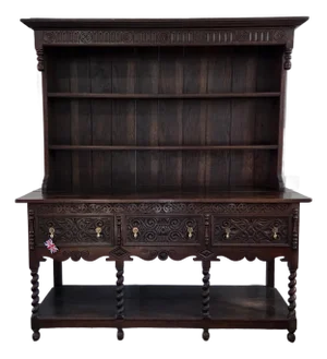 Mid 19th Century Oak Welsh 3 Carved Drawer Carved Dresser With Barley Twist Legs on Potboard Base